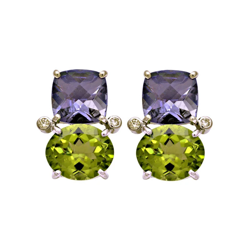 simple diamond earrings -Earrings-Iolite, Peridot and Diamond