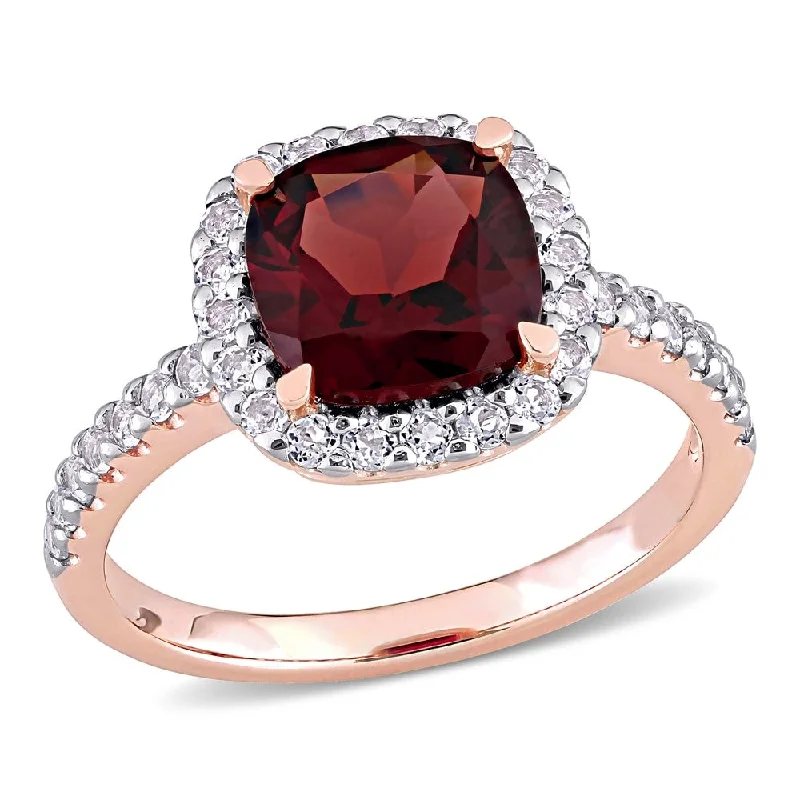 statement rings for women -Miadora 10k Rose Gold Cushion-cut Garnet and White Topaz Halo Cocktail Ring