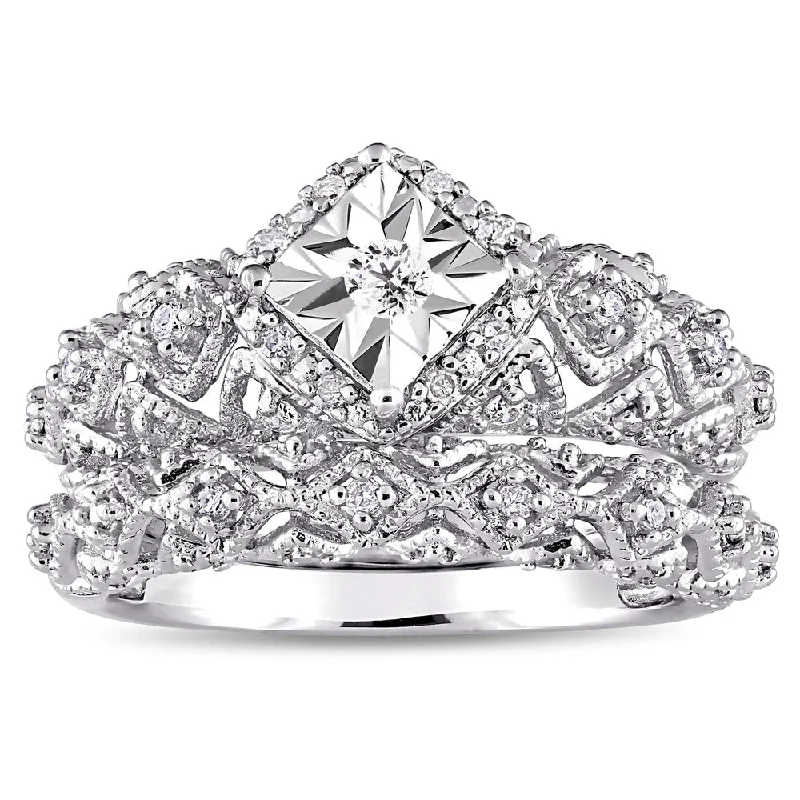 wedding bands with diamonds -Miadora Sterling Silver 1/5ct TDW Diamond Infinity Vintage Bridal Ring Set