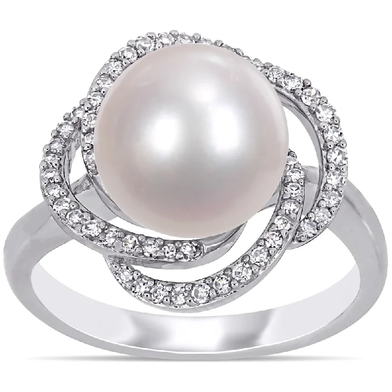 rose gold rings for women -Miadora 14k White Gold Cultured FW Pearl and 1/4ct TDW Diamond Crossover Halo Ring (10-11 MM)