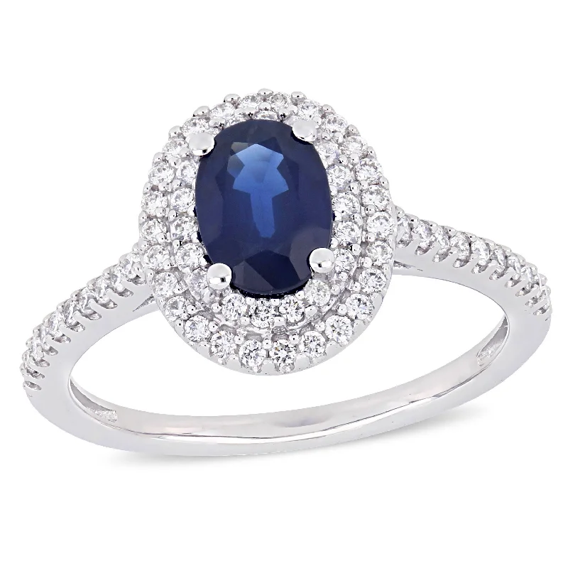 luxury diamond wedding rings -Miadora 1ct TGW Oval Sapphire and 1/3ct TW Diamond Double Halo Ring in 14k White Gold