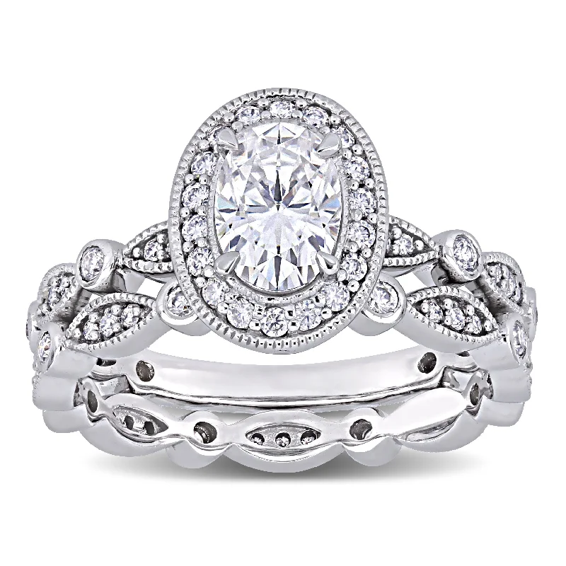 promise rings for women -Miadora 1 1/2ct DEW Oval-cut Moissanite Halo Vintage Bridal Ring Set in 10k White Gold