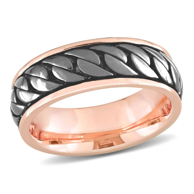 oval rings for women -Miadora Ribbed Design Mens Ring in Rose Silver with Black Rhodium Plating