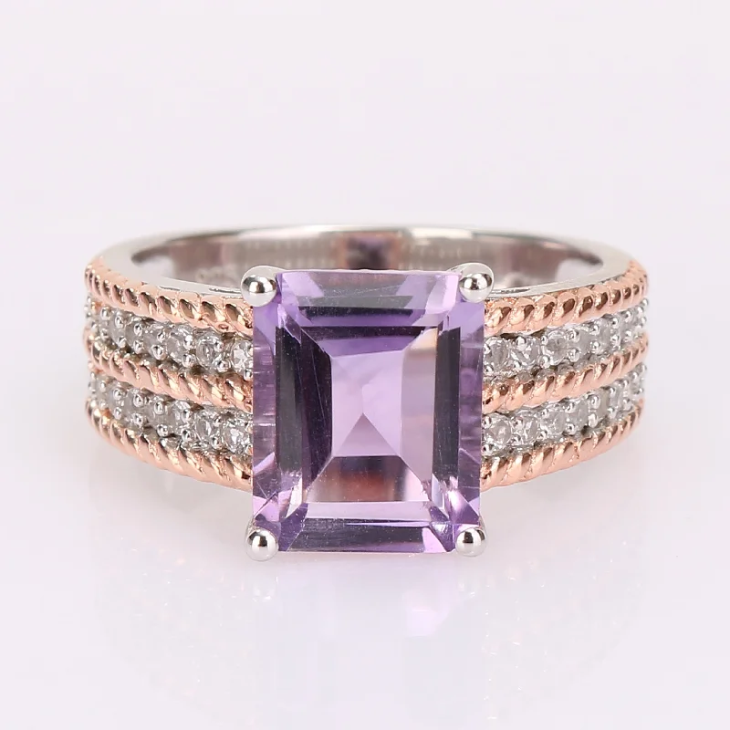 gemstone rings for women -Miadora 2-Tone White & Rose Plated Sterling Silver Octagon Amethyst & White Topaz Cocktail Ring