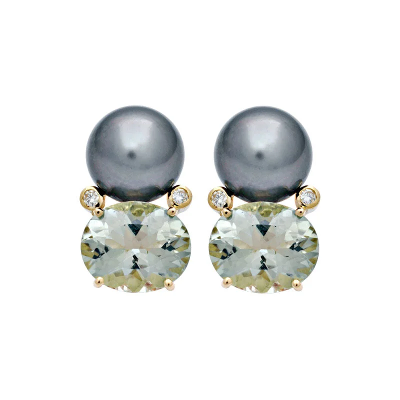 drop earrings for women -Earrings-Green Quartz, South Sea Pearl and Diamond