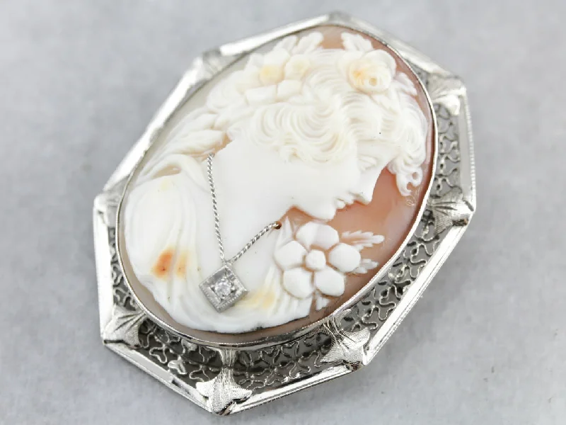 flower brooches for women -Art Deco Cameo Brooch or Pendant with Woman Wearing a Diamond Necklace