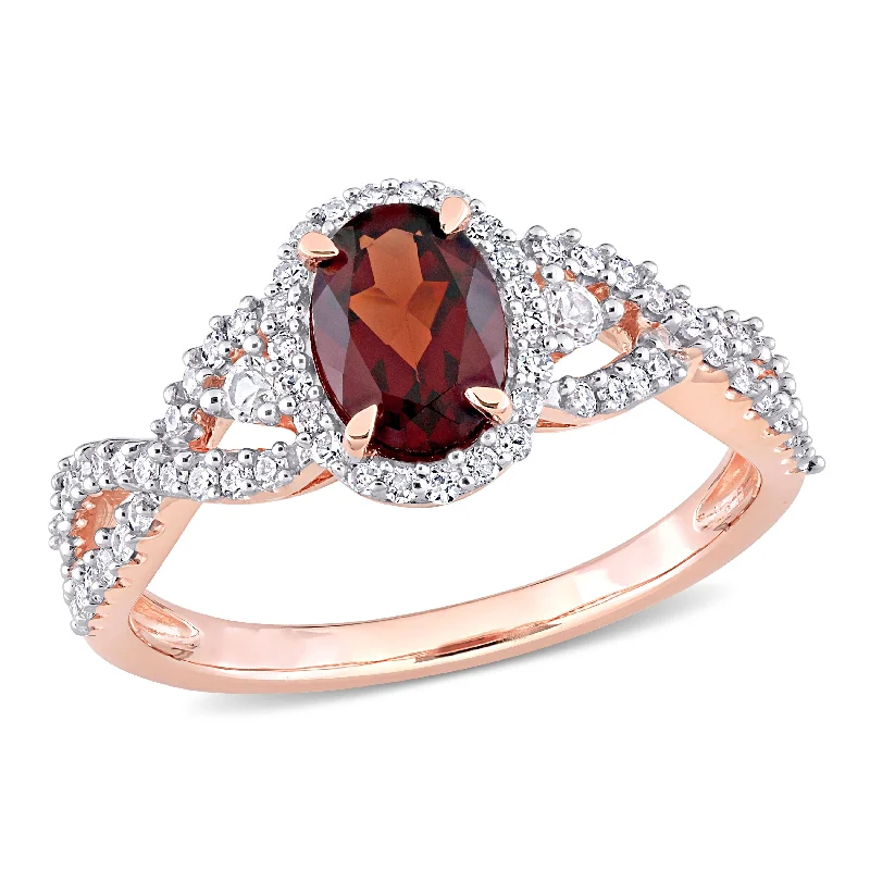 halo engagement rings -Miadora 1ct TGW Garnet White Sapphire and 1/3ct TW Diamond Halo Ring in 10k Rose Gold