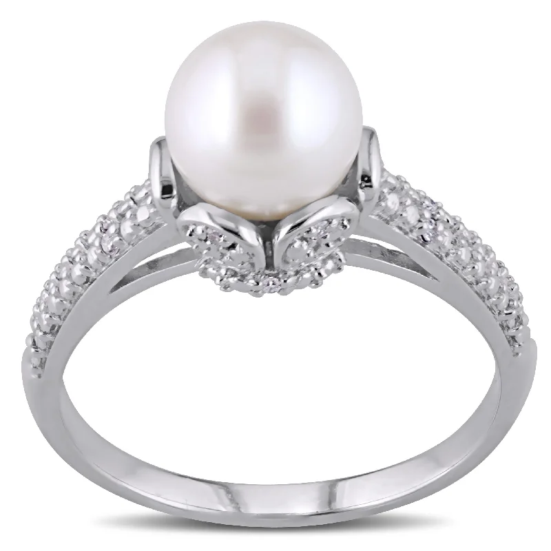 oval rings for women -Miadora 8-8.5mm White Cultured Freshwater Pearl & Diamond Accent Ring in Sterling Silver