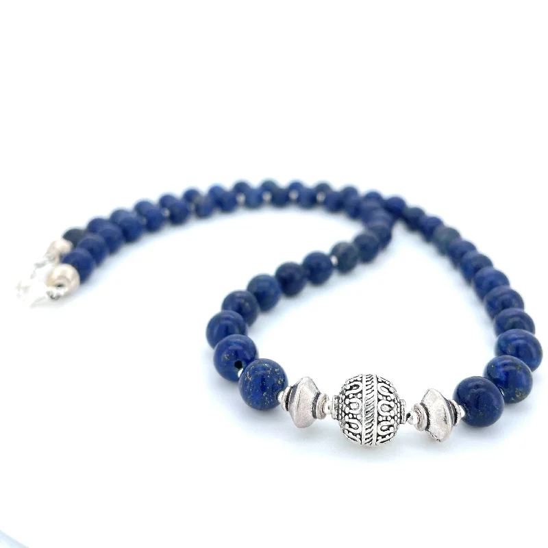 vintage bridal necklaces for women -SHORT Lapis Lazuli & Silver BEADED NECKLACE