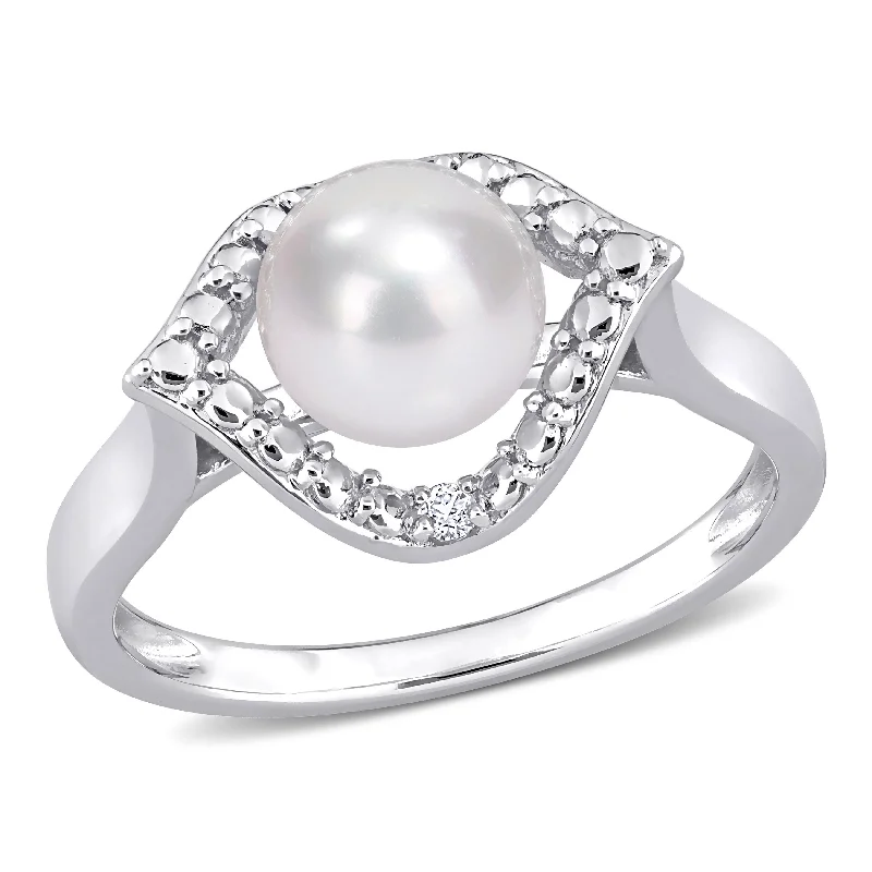 fashion engagement rings -Miadora Sterling Silver Cultured Freshwater Pearl & Created White Sapphire Halo Ring (7-7.5mm)