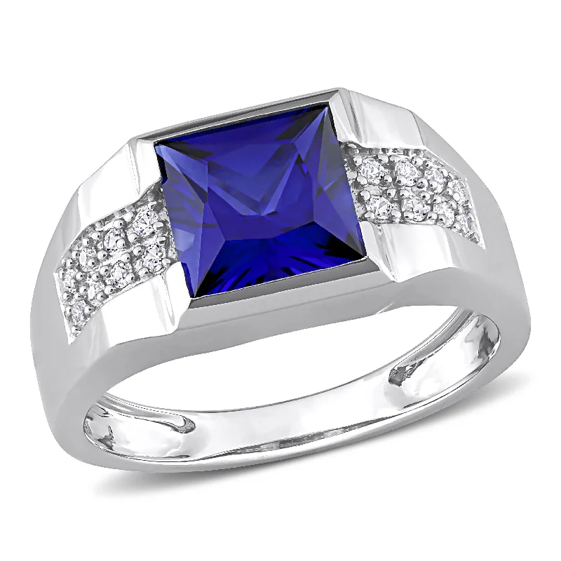 trendy rings for women -Miadora 3 1/4 CT TGW Created Blue and White Sapphire Mens Ring in 10k White Gold