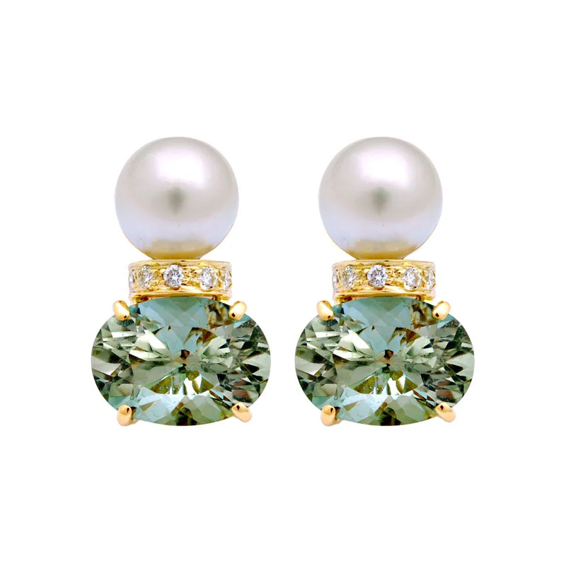 colored gemstone earrings for women -Earrings-Green Quartz, South Sea Pearl and Diamond