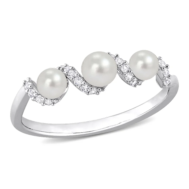 stackable rings for women -Miadora Cultured Freshwater Pearl and 1/4ct TGW Created White SapphireSwirl Ring in Sterling Silver