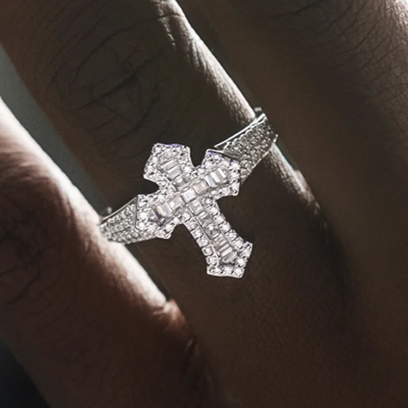 classic rings for women -Diamond Baguette Gothic Cross Ring in White Gold Vermeil