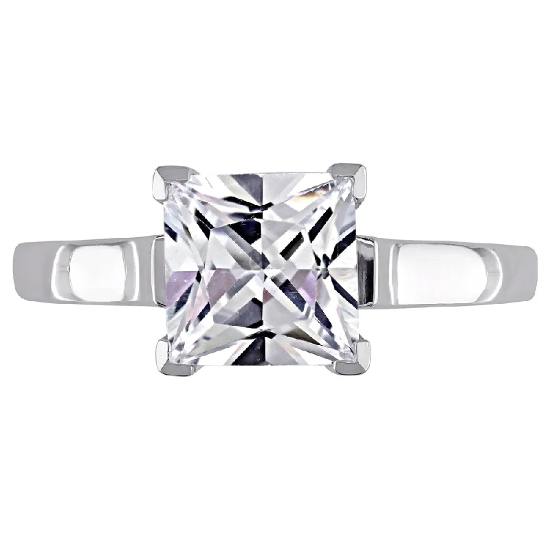 fashion engagement rings -Miadora 10k White Gold White Square-cut Created Sapphire Solitaire Ring