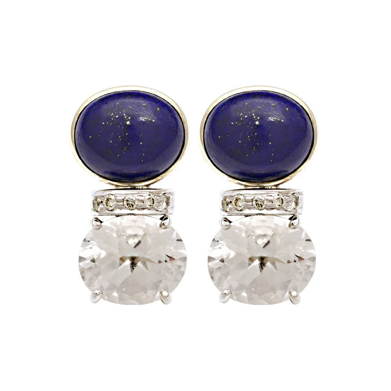 bridal hoop earrings -Earrings-Crystal, Lapis Lazuli and Diamond