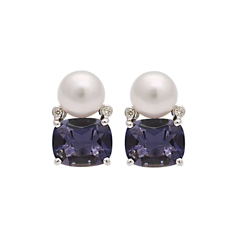 luxury gold earrings for women -Earrings-Iolite, South Sea Pearl and Diamond