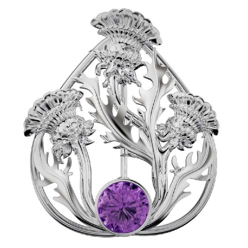 heart-shaped brooches for women -Sterling Silver and Amethyst Thistle Brooch - 6122