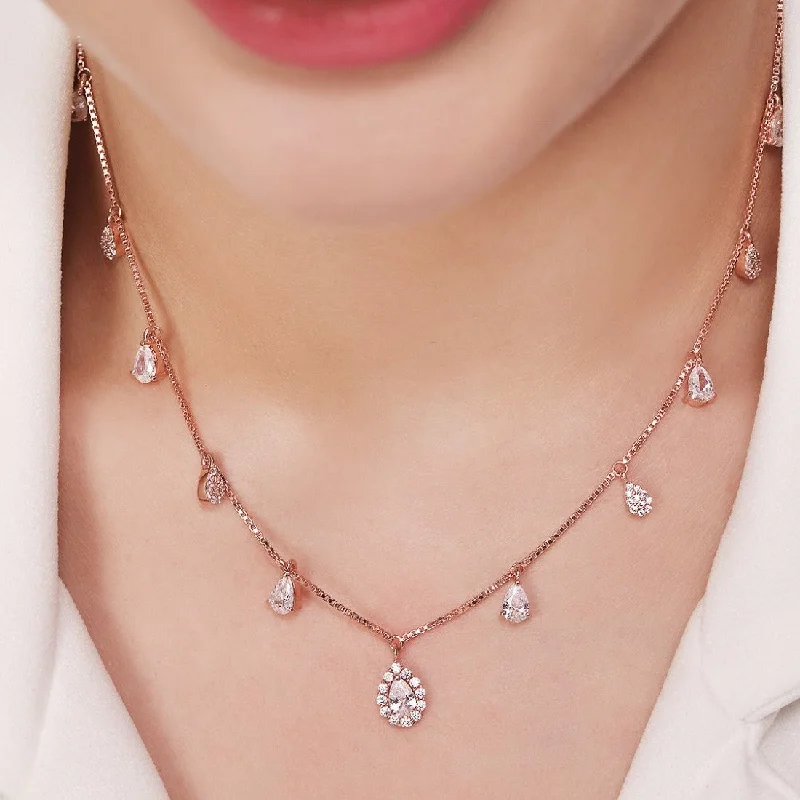 vintage bridal necklaces for women -Rosy Radiance Rose Gold-Plated CZ Droplet 925 Sterling Silver Necklace