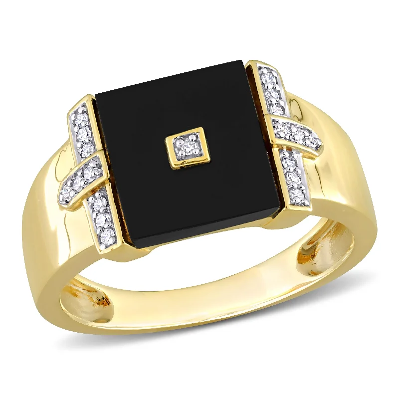 emerald rings for women -Miadora 8ct TGW Square Black Onyx and 1/10ct TDW Diamond Mens Ring in Yellow Silver