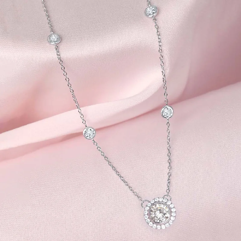 trendy long necklaces for women -Solitaire Halo Rhodium Plated 925 Sterling Silver Charm Necklace