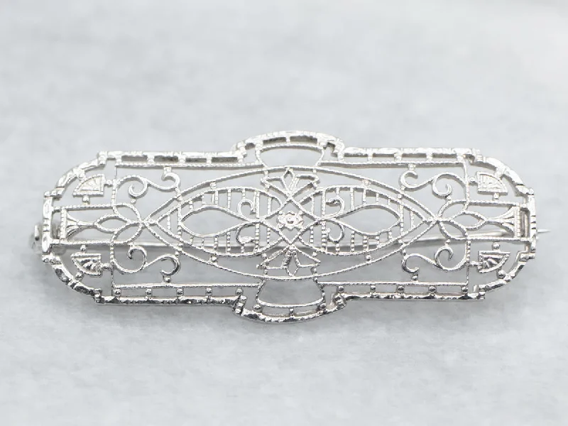 elegant statement brooches -White Gold Art Deco Filigree Brooch