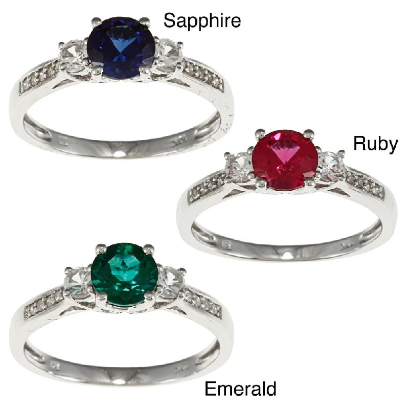 chunky rings for women -Miadora 10k White Gold Created Gemstone and Diamond Three-Stone Ring (H-I, I2-I3)