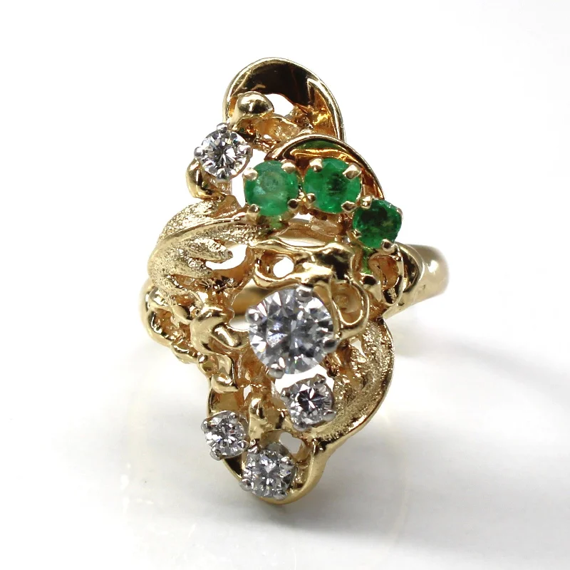 Diamond & Emerald Textured Gold Ring | 0.81ctw | 0.39ctw |SZ 7.25 |