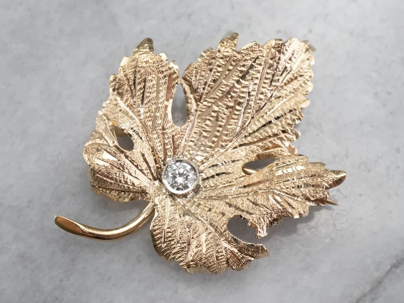 modern brooches for women -Gold Diamond Grape Leaf Brooch