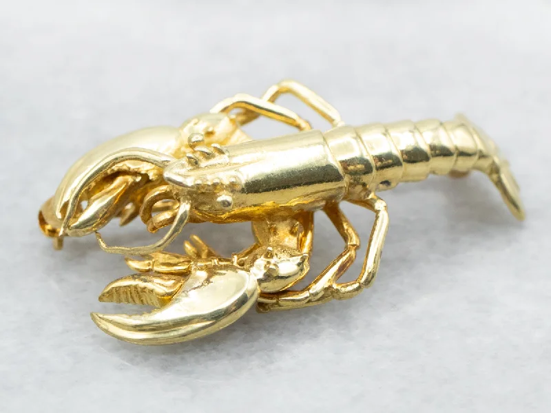 wedding brooches for women -Yellow Gold Lobster Brooch with Moving Claws