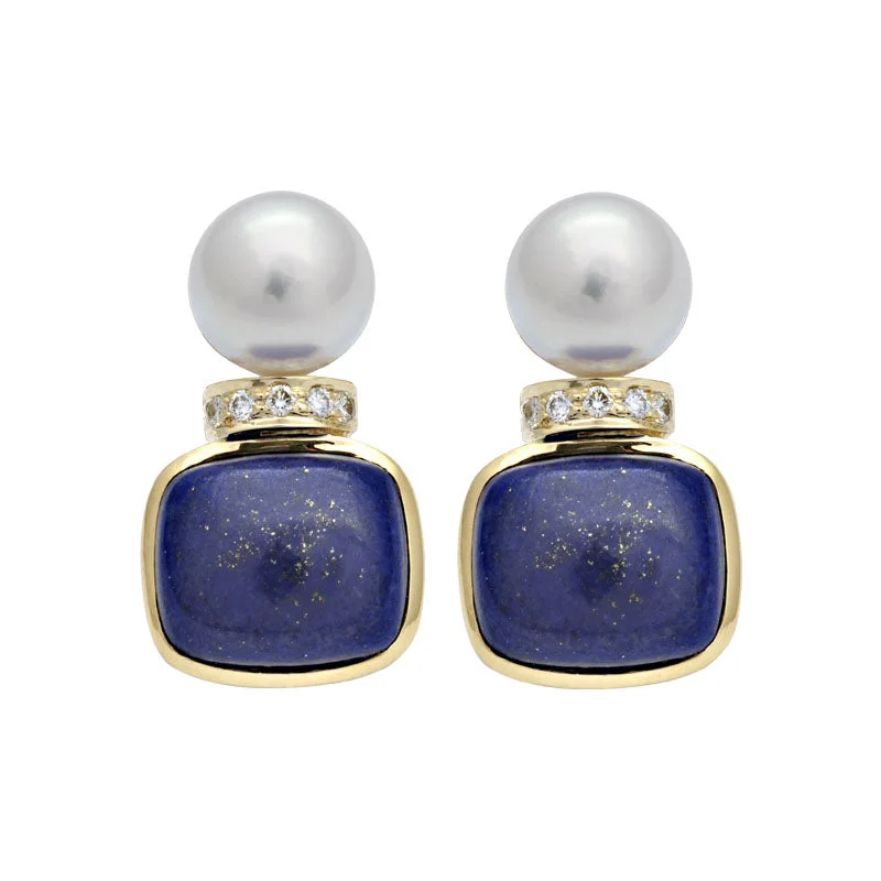 elegant pearl drop earrings -Earrings-Lapis Lazuli, South Sea Pearl and Diamond