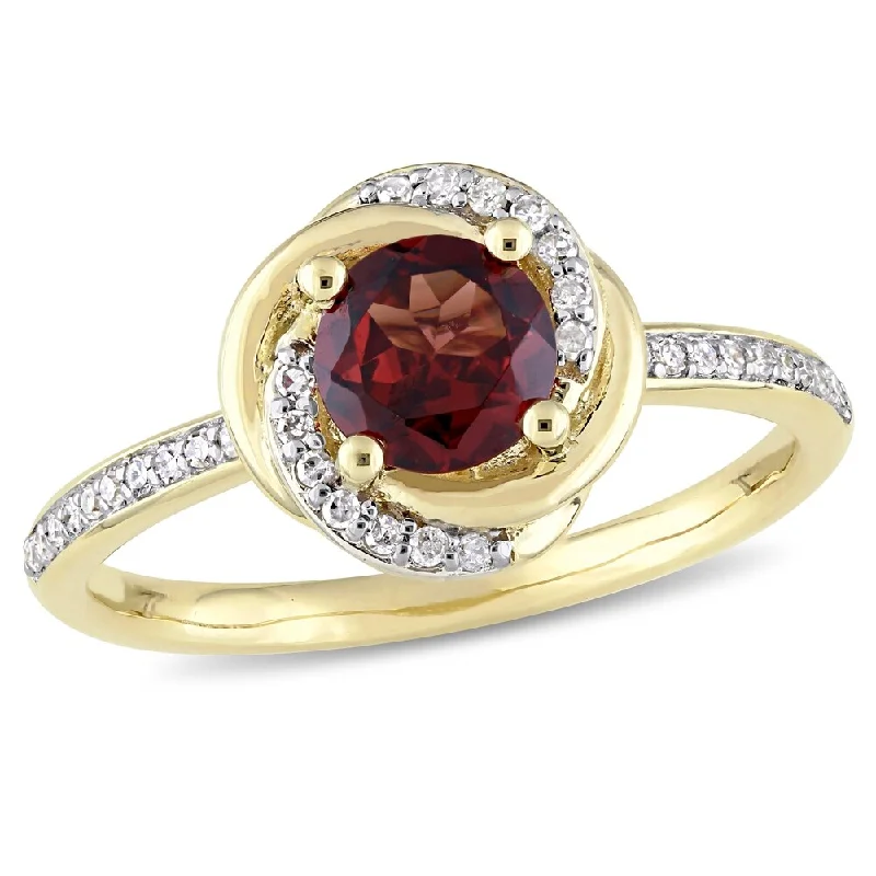 fashion rings for women -Miadora 10k Yellow Gold Garnet and 1/6ct TDW Diamond Swirl Halo Ring