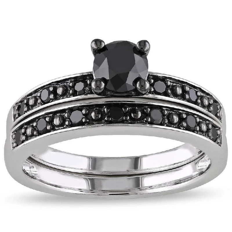 wedding rings for women -Miadora Silver and Black Rhodium-plated 1 CT Black Diamond TW Bridal Set Ring