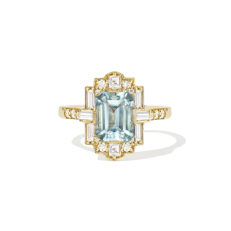 pearl rings for women -Deco Emerald Cut Aquamarine Diamond Mosaic Ring