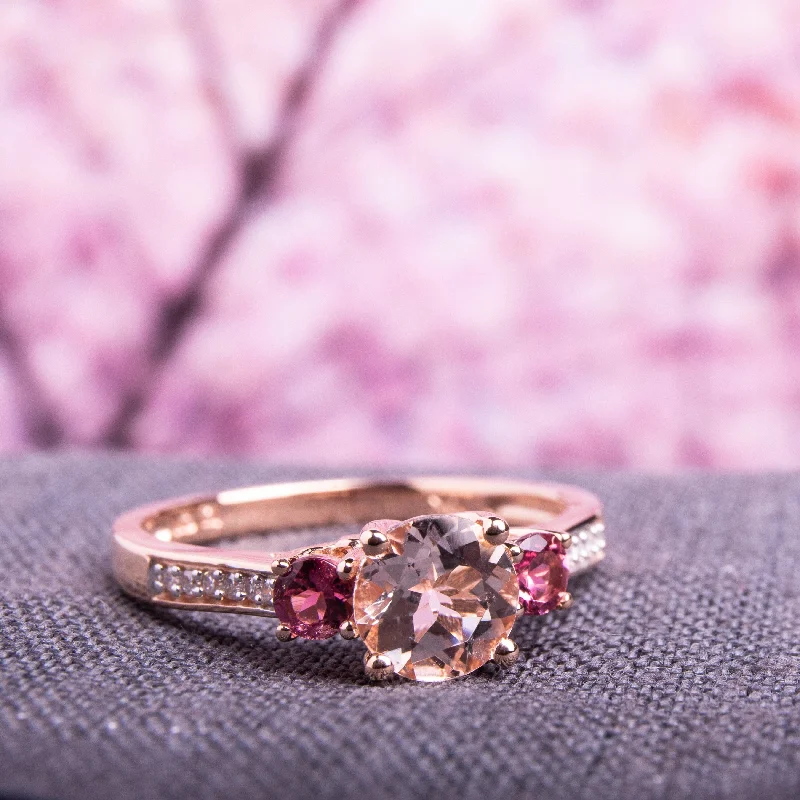 rose gold rings for women -Miadora 10k Rose Gold Morganite, Tourmaline and Diamond 3-Stone Ring