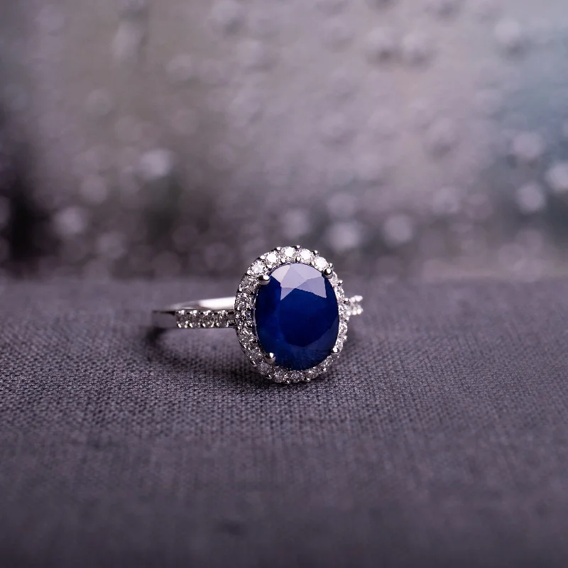 personalized rings for women -Diffused Sapphire and 2/5ct TDW Diamond Oval Halo Ring in 14k White Gold by Miadora