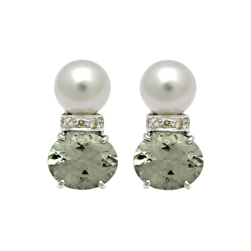 women's silver earrings -Earrings-Green Quartz, South Sea Pearl and Diamond