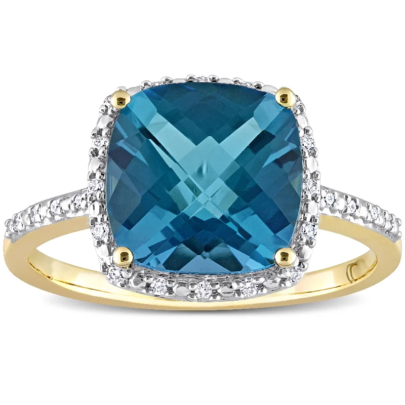 classic rings for women -Miadora 5 1/4ct TGW London Blue Topaz & 1/10ct TDW Diamond Cocktail Ring in 14k Yellow Gold