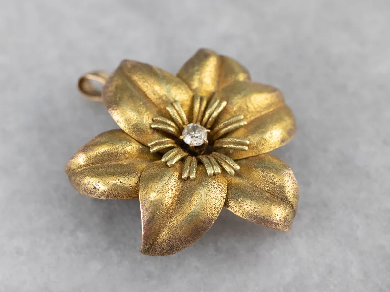 vintage rhinestone brooches -Antique Diamond Gold Flower Brooch Pendant