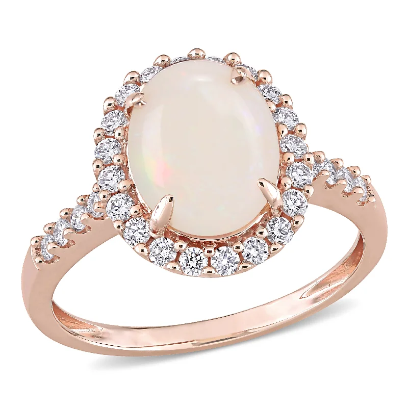 personalized rings for women -Miadora 1 5/8ct TGW Opal and 2/5ct TW Diamond Halo Ring in 14k Rose Gold