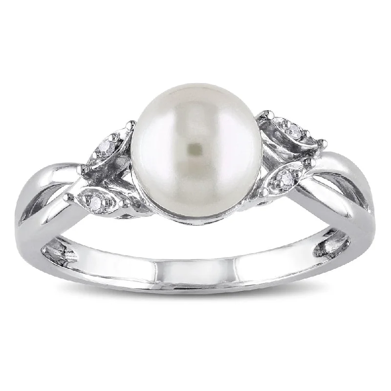 gold plated rings for women -Miadora 10k White Gold, Cultured Freshwater Pearl, and Diamond Accent Ring (7.5-8 mm)