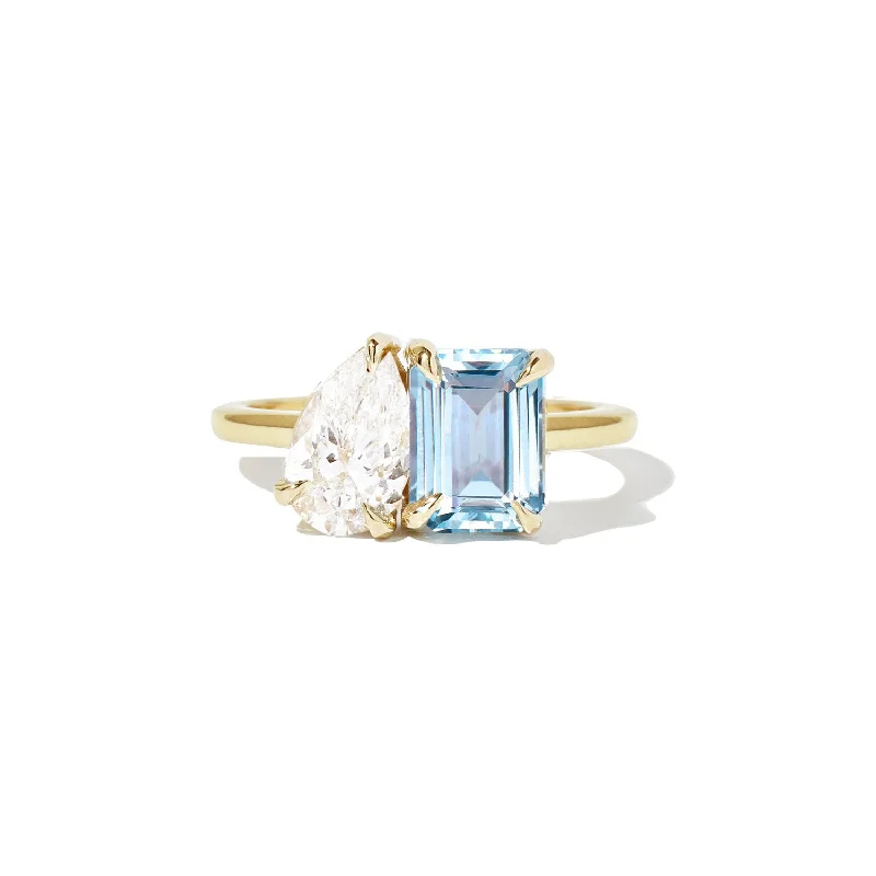 rose gold rings for women -Aquamarine & Pear Diamond Toi et Moi Ring