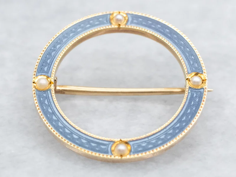 luxury flower brooches -Blue Enamel and Seed Pearl Brooch