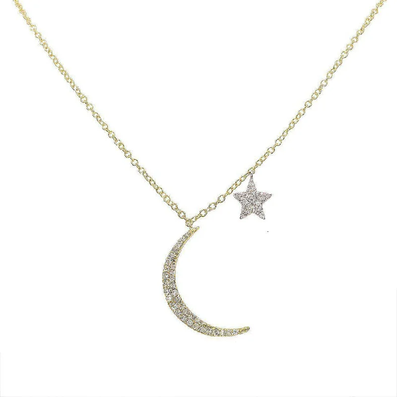 silver bar necklaces for women -Moon and Star Diamond Necklace