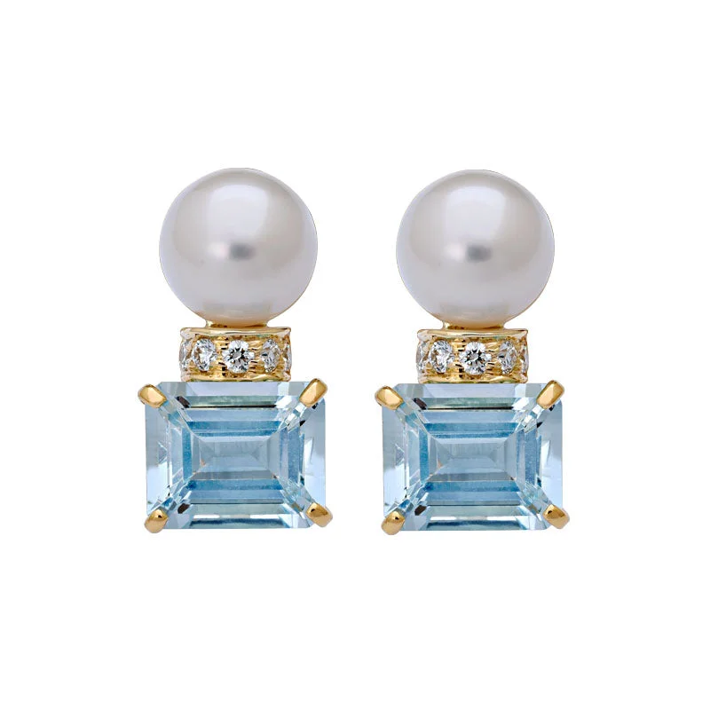 custom earrings for women -Earrings-Aquamarine, South Sea Pearl and Diamond