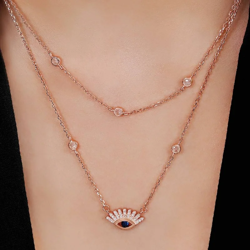 custom pendant necklaces for women -Layered Rose Gold plated CZ 925 Sterling Silver Evil Eye Necklace