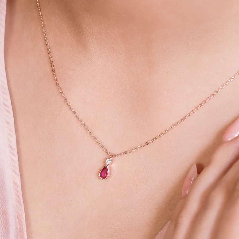 long chain necklaces for women -Ruby Tear Drop Rose Gold Plated 925 Sterling Silver Necklace