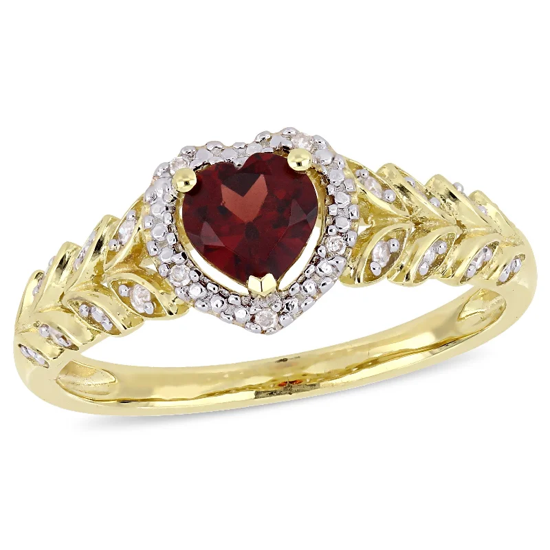 vintage rings for women -Miadora 1/2ct TGW Garnet and Diamond Halo Heart Ring in 10k Yellow Gold