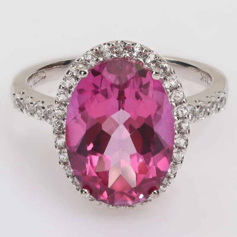 vintage engagement rings -Miadora Oval-cut Pink and White Topaz Halo Cocktail Ring in 14k White Gold