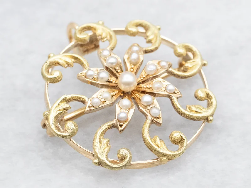 unique brooches for women -Art Nouveau Era Seed Pearl Scrolling Floral Brooch or Pendant